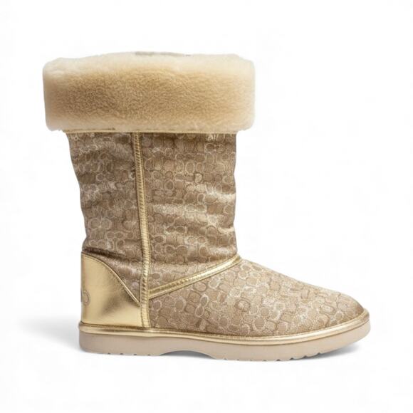 COACH Nikole Shearling Boots 8 Gold Signature Logo Winter Furry UGG Style - Picture 1 of 16